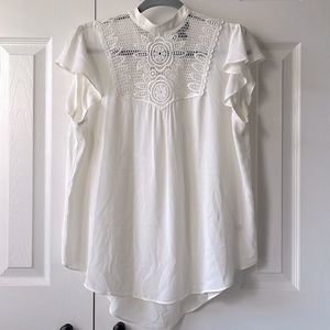 🔥B1G1 Express Flutter Sleeve Lace Detail Mock Neck Blouse | Ivory White Size L